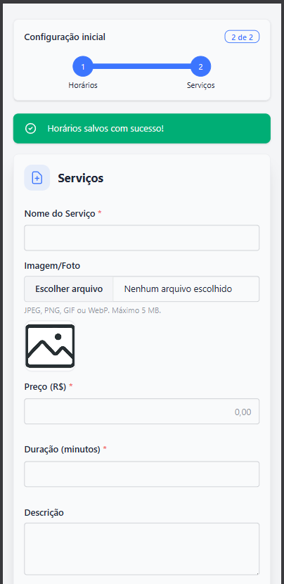 Novo serviço: nome, imagem, preço e duração